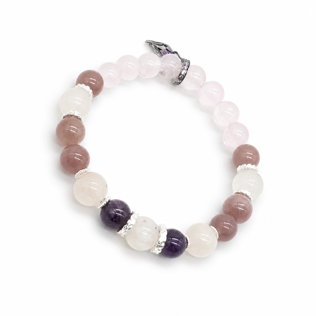 Amethyst Rose Serenity designer bracelet worn on the wrist in natural light