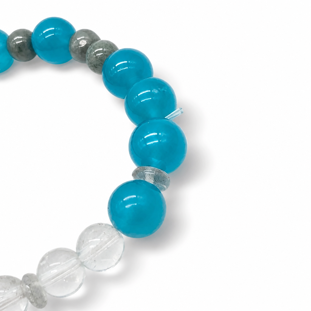 Full bracelet circle of Verdant Voyager showing Amazonite jade and Labradorite bead arrangement