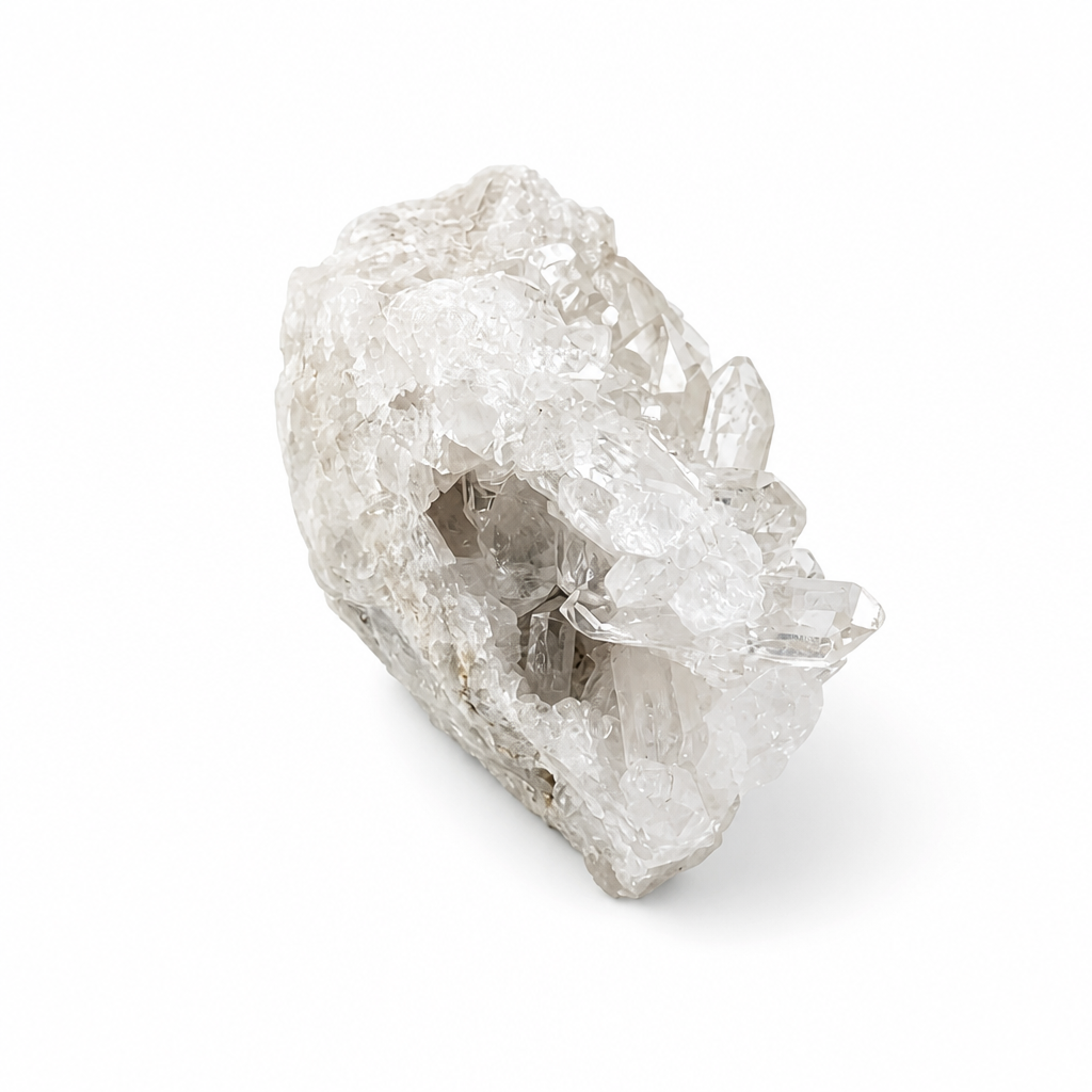 Close-up of water-clear quartz point terminations on a natural cluster specimen