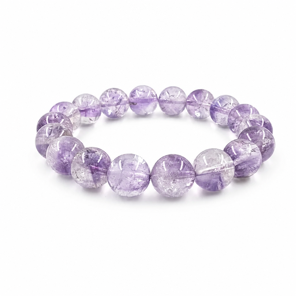 Close-up of seven mineral inclusions in an Amethyst Super Seven bead