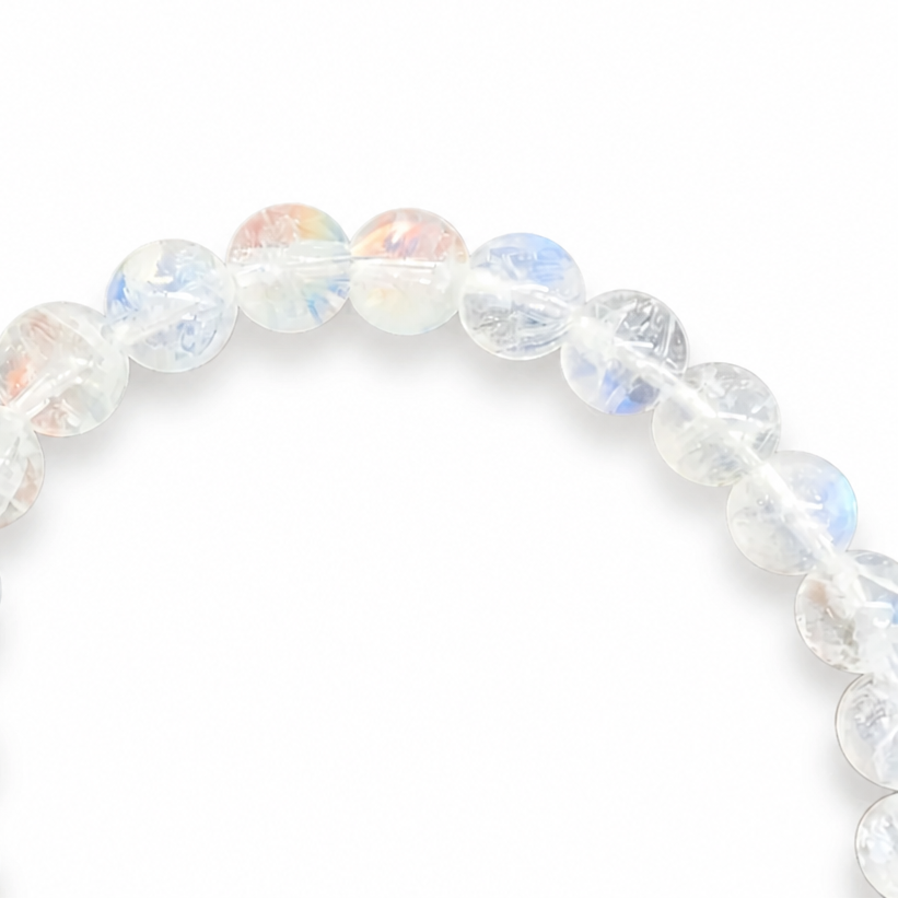 Handmade Madagascar Rainbow Moonstone pure crystal bracelet by Aura Lune on white background