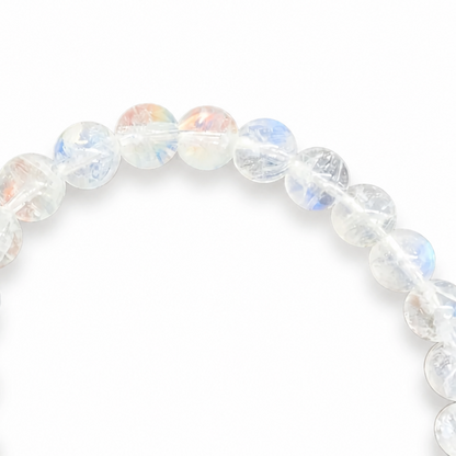 Handmade Madagascar Rainbow Moonstone pure crystal bracelet by Aura Lune on white background