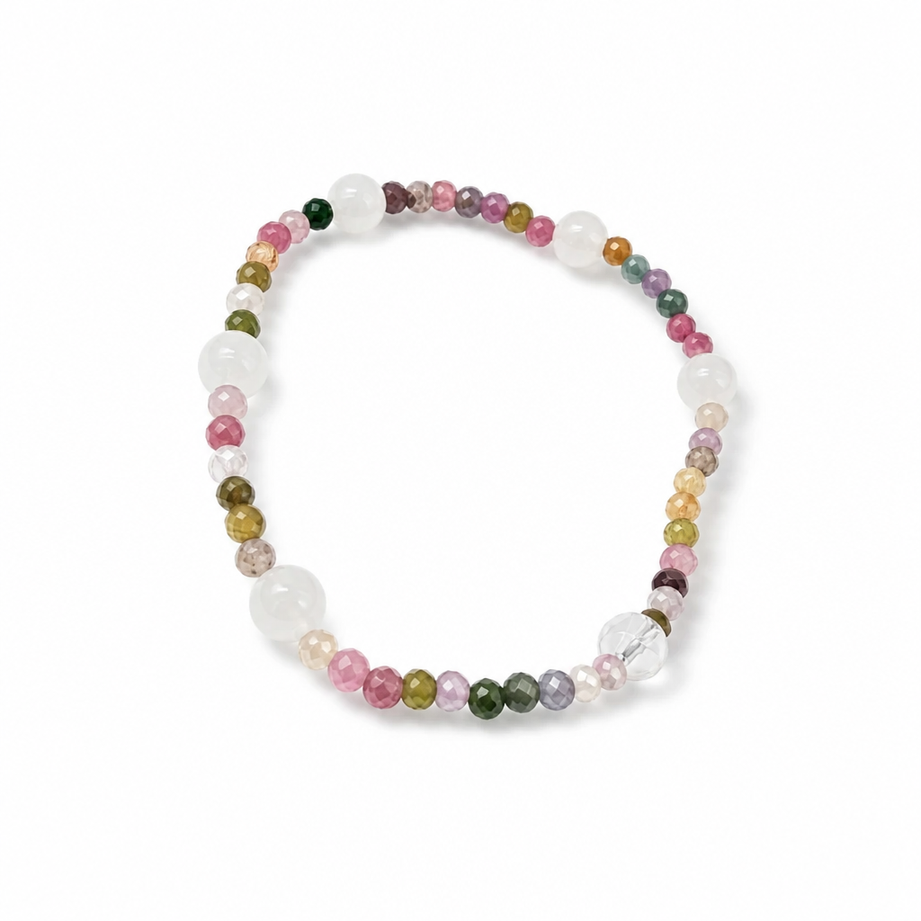 Delicate 3 to 6mm rainbow tourmaline and moonstone beads on elastic cord