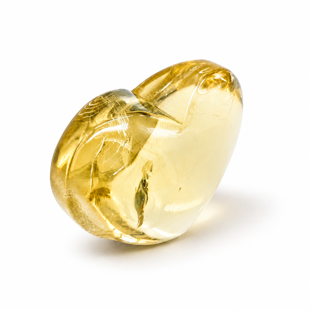 Top view of the aurora citrine heart showing natural internal formations