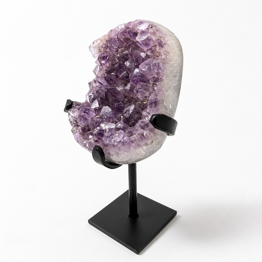 Lavender Druzy Amethyst spire with plump druzy points on an artisan wooden stand
