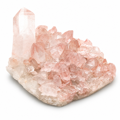 Compact Pink Samadhi Quartz cluster with wide low-profile formation on a white surface