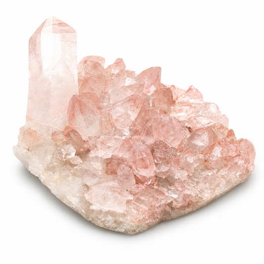 Compact Pink Samadhi Quartz cluster with wide low-profile formation on a white surface