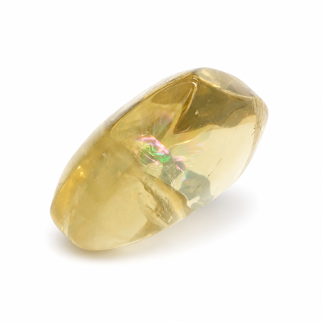 Close-up of spectral rainbow prismatic formations inside a golden citrine heart