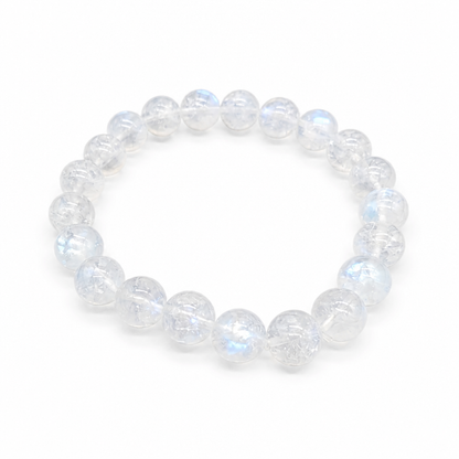 Indian Moonstone bracelet Style A with milky-white 9mm beads and soft blue-peach sheen on white