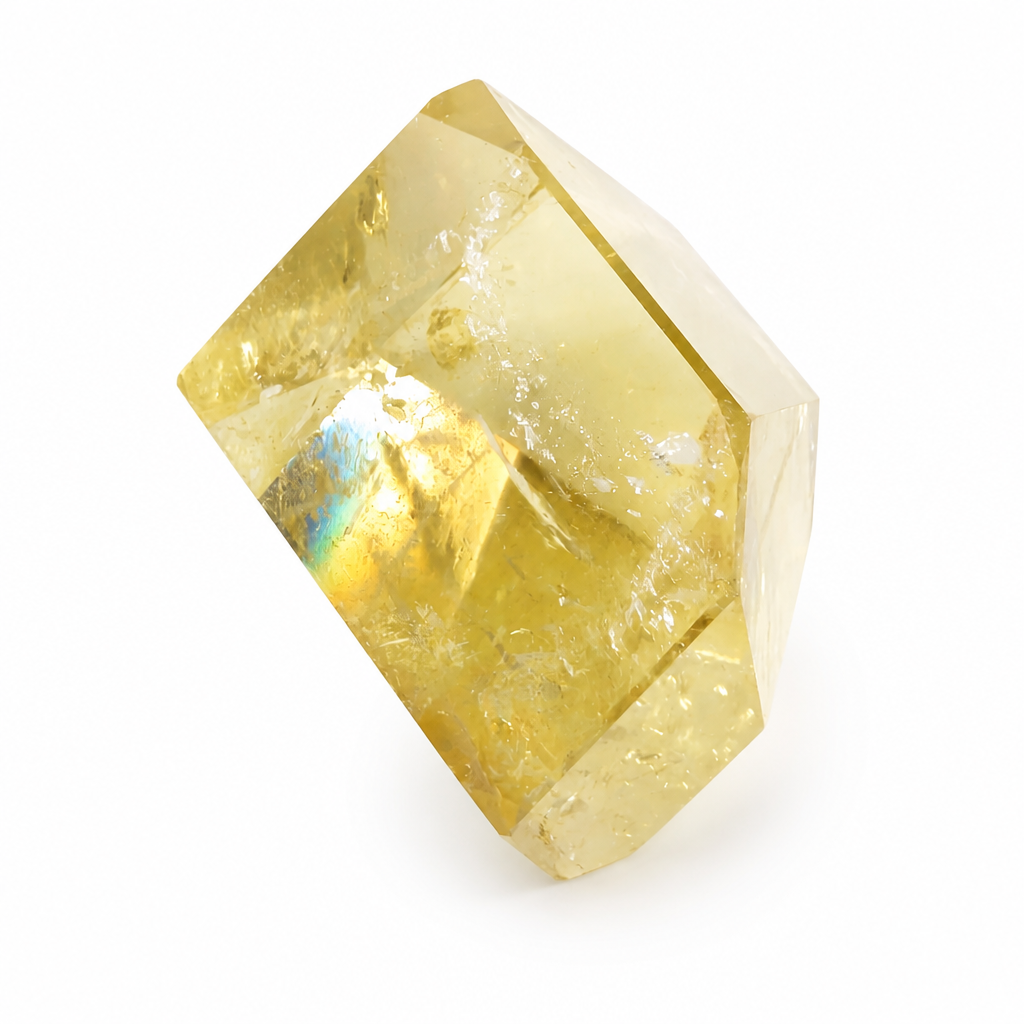 Brazilian Citrine raw point specimen with honey-gold tones on a white surface