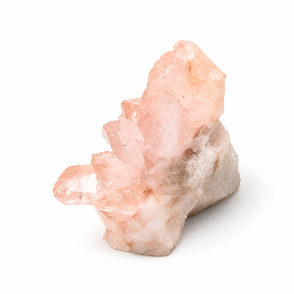 Top view of the large Himalayan Pink Samadhi Quartz cluster showing point formation