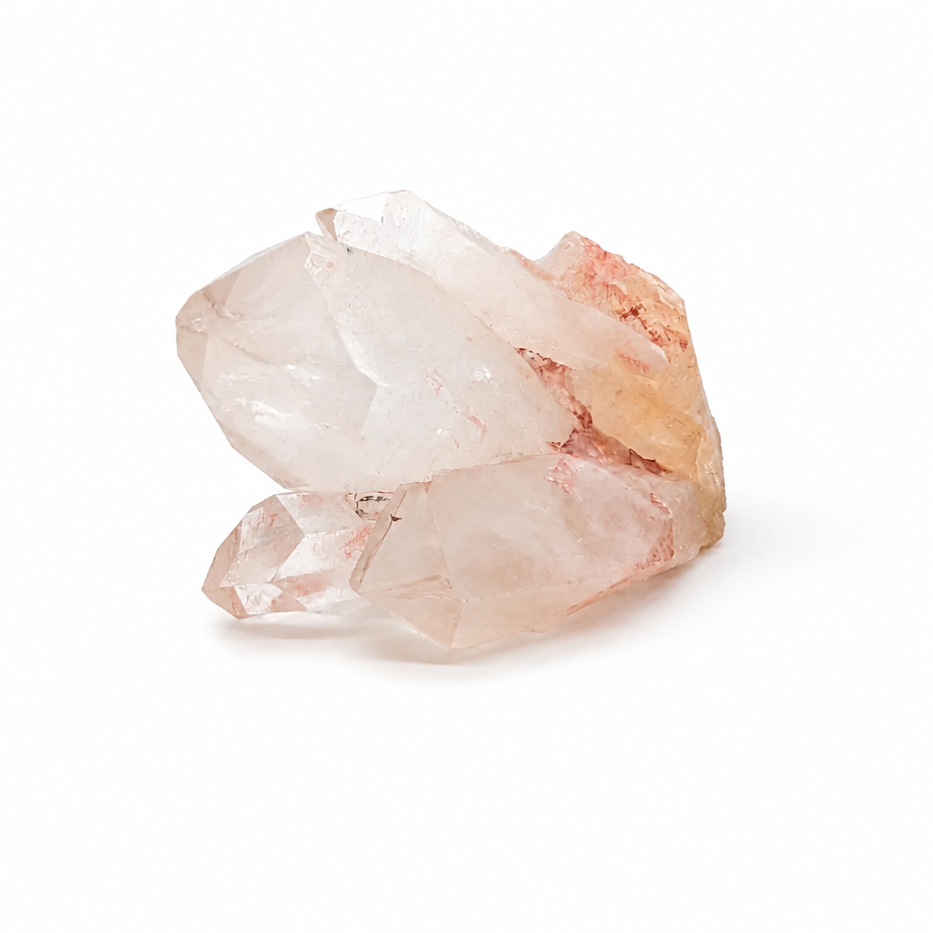 Himalayan Pink Samadhi Quartz cluster showing pale pink crystal points