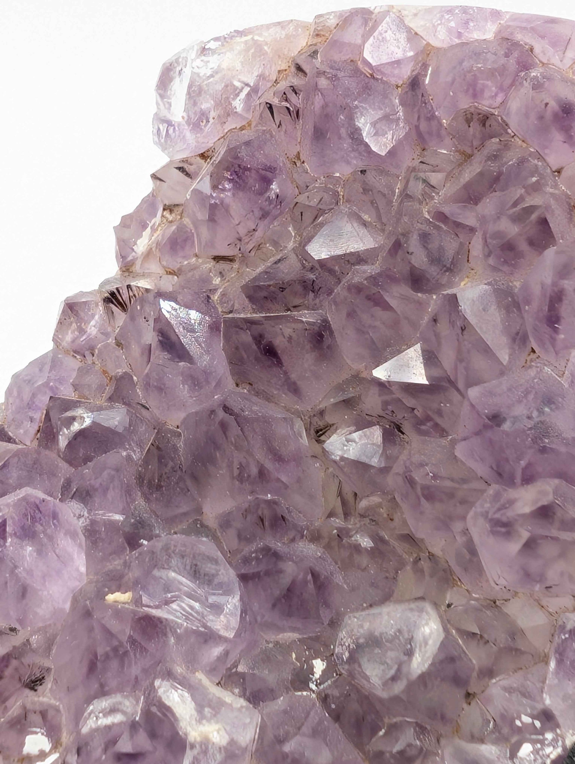 Lavender Druzy Amethyst spire specimen on an artisan wooden display stand