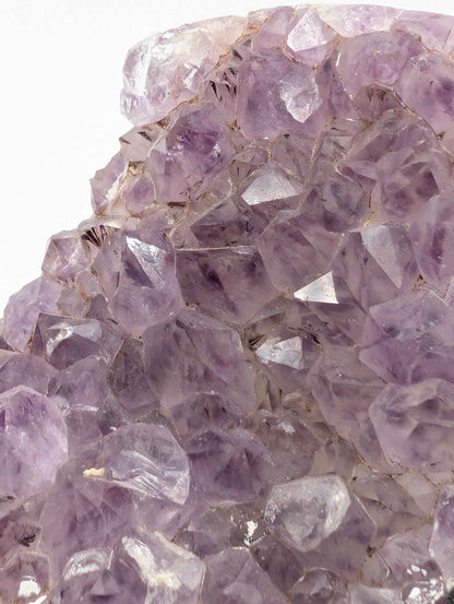 Lavender Druzy Amethyst spire specimen on an artisan wooden display stand