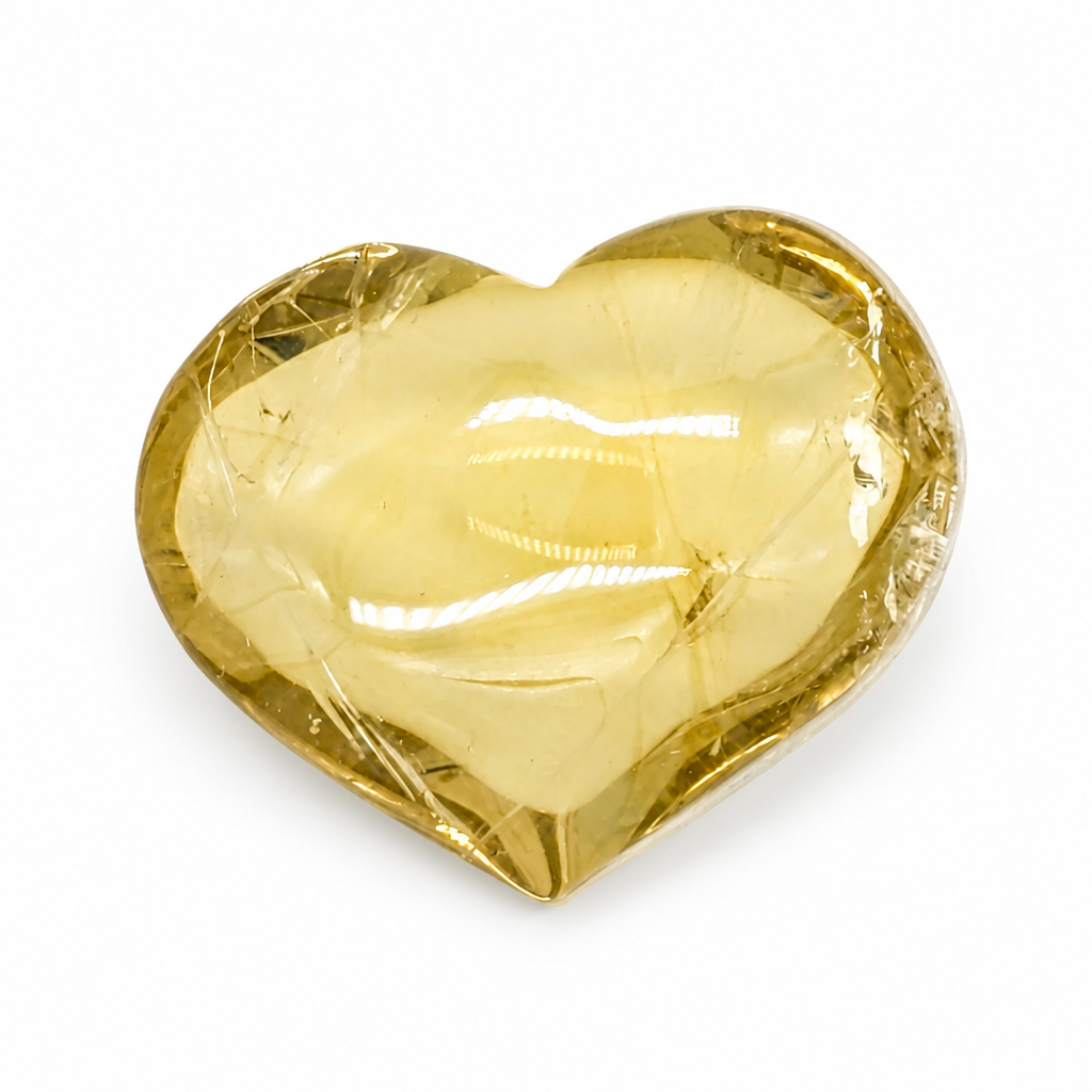 Natural citrine heart held to the light showing internal prismatic rainbows