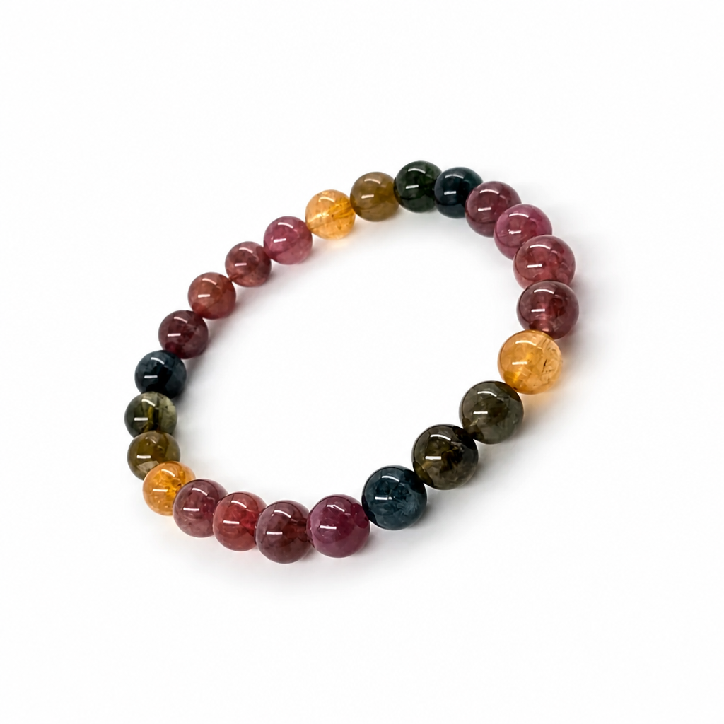 Rainbow Tourmaline bracelet worn on the wrist showing full colour spectrum