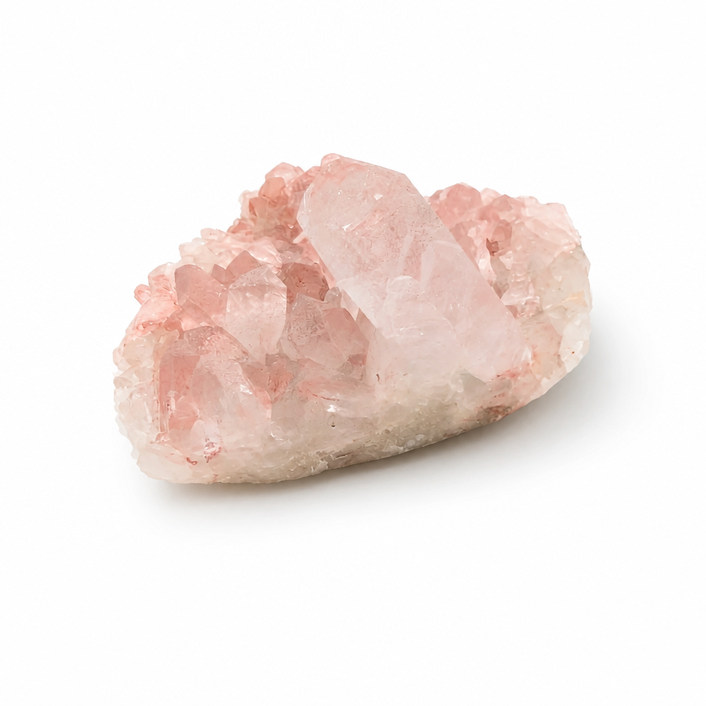 Close-up of warm ethereal pink colouration at the core of a Samadhi Quartz cluster
