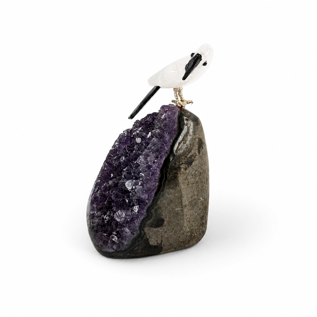 Close-up of violet amethyst crystal points beneath the carved parrot companion