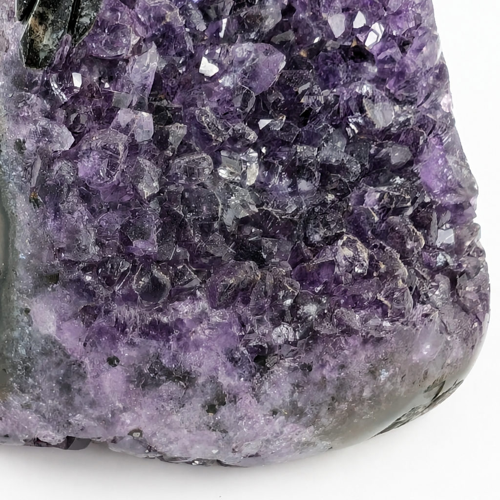 Top view of the natural amethyst specimen with crystal parrot sitting on the cluster