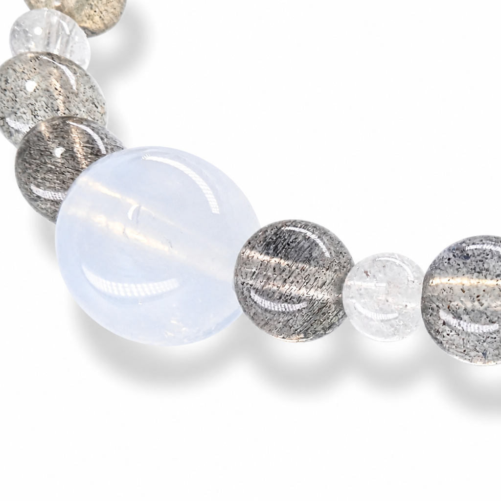 Moon Tide Moonstone bracelet resting flat showing natural visual rhythm of mixed beads