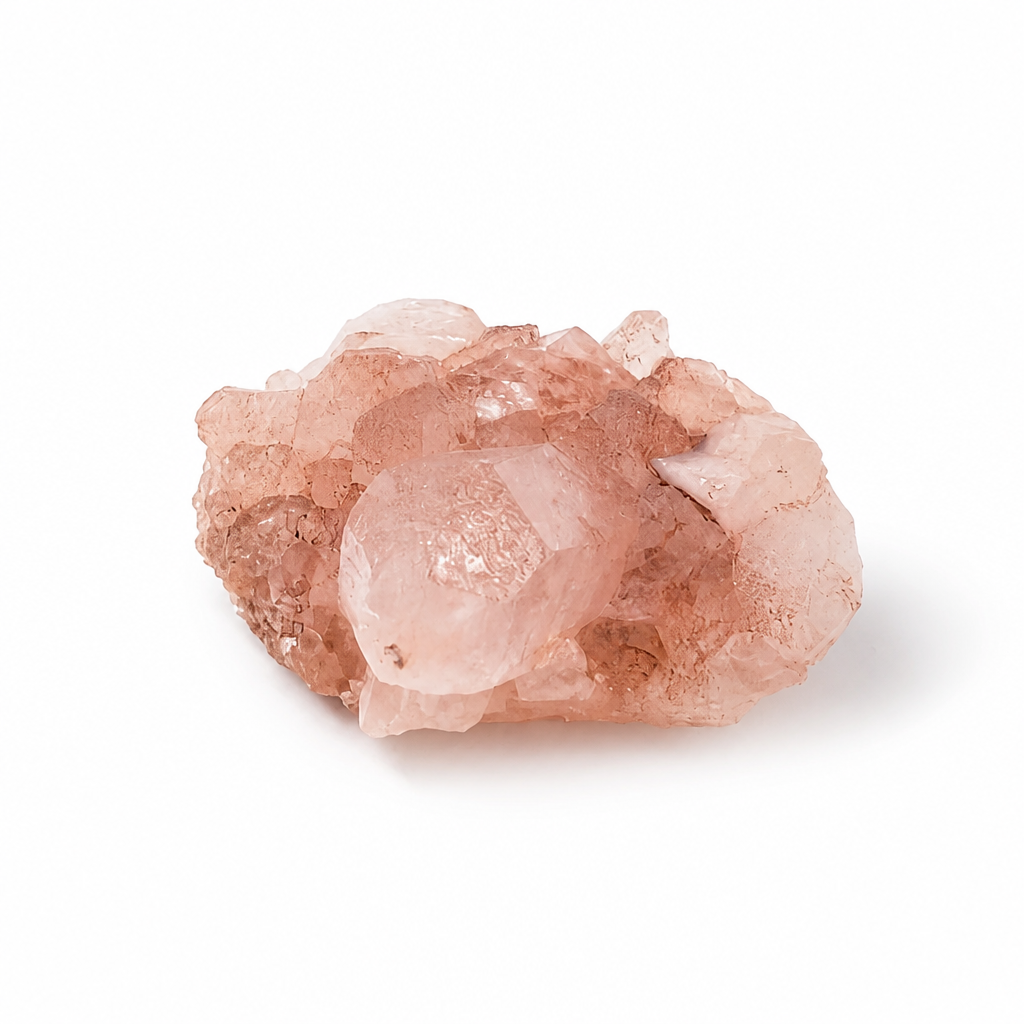 Side view of the mini Pink Samadhi Quartz cluster showing low-profile square formation