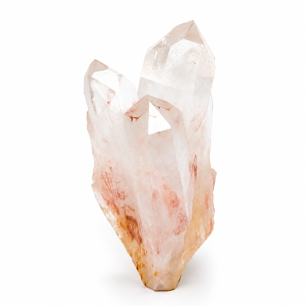 Side view of the Pink Samadhi Quartz cluster showing broad stable base