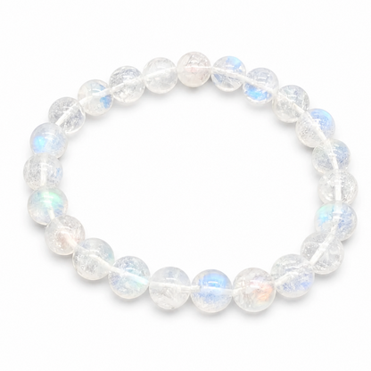 HG Madagascar Moonstone bracelet with vivid blue-white adularescence flash on white surface