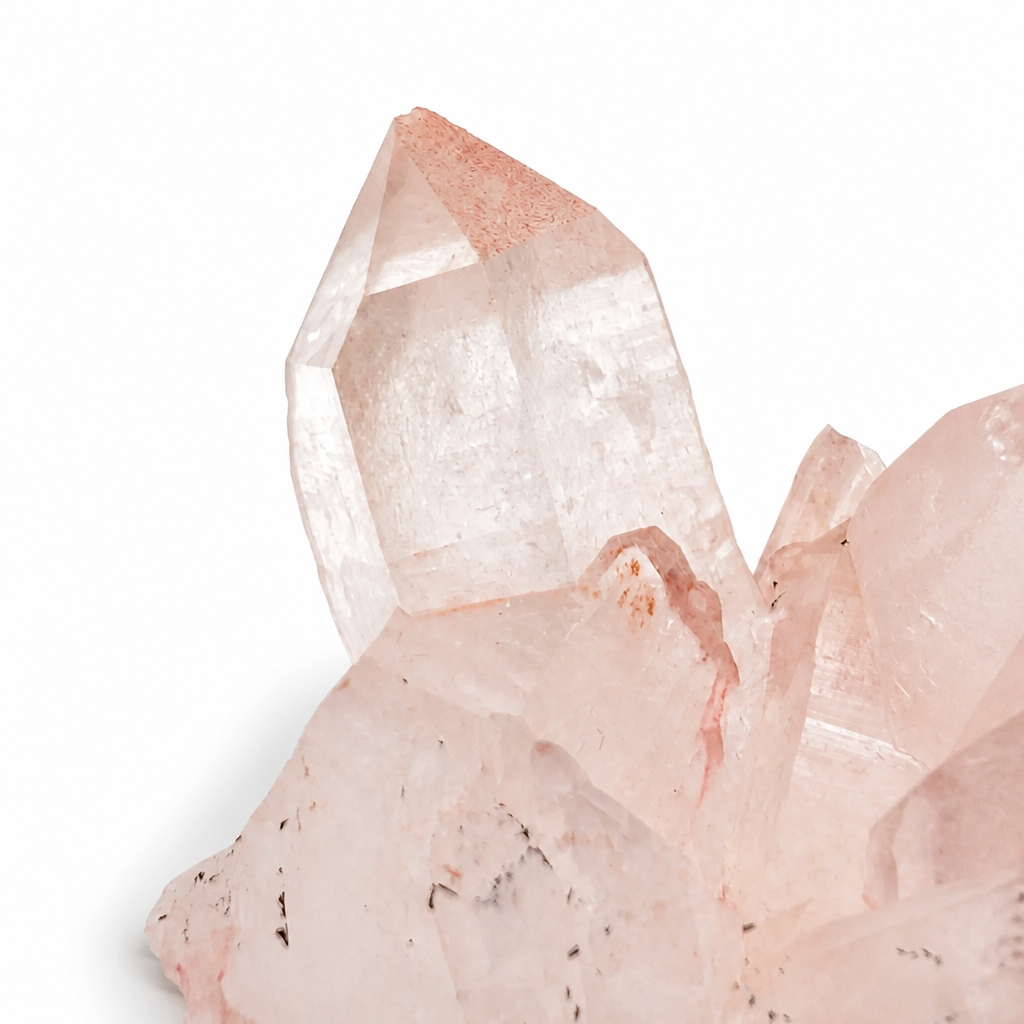 Front view of the tall Himalayan Pink Samadhi Quartz cluster specimen