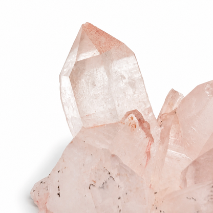 Front view of the tall Himalayan Pink Samadhi Quartz cluster specimen