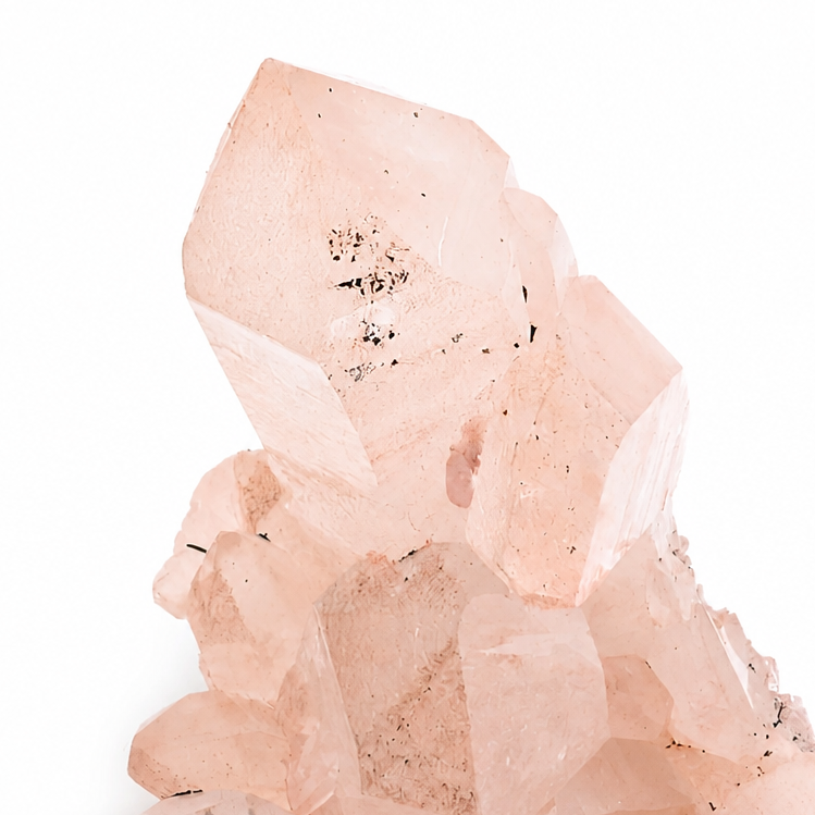 Close-up of gentle pink colouration on upward-reaching Samadhi Quartz points