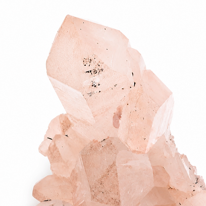 Close-up of gentle pink colouration on upward-reaching Samadhi Quartz points