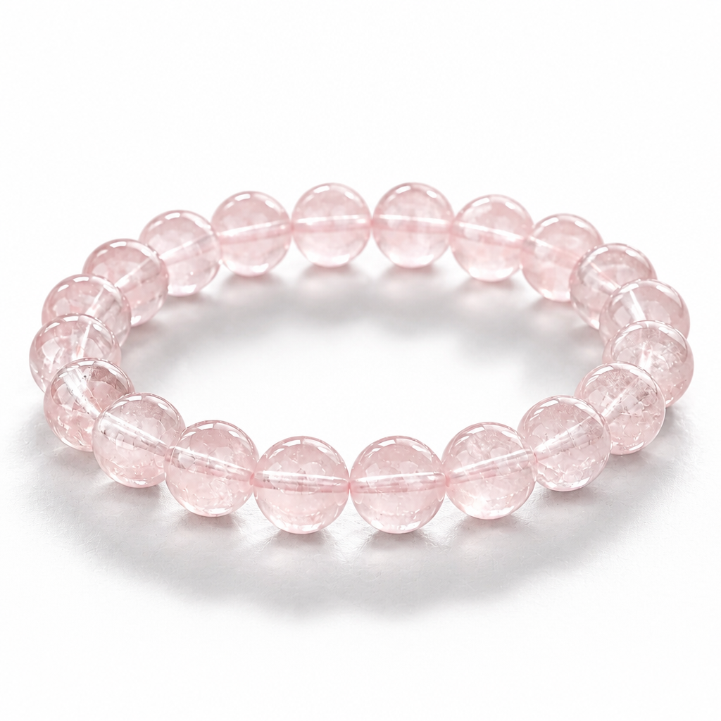 Madagascar Rose Quartz bracelet with soft clean milky-pink 7.5mm beads on white surface