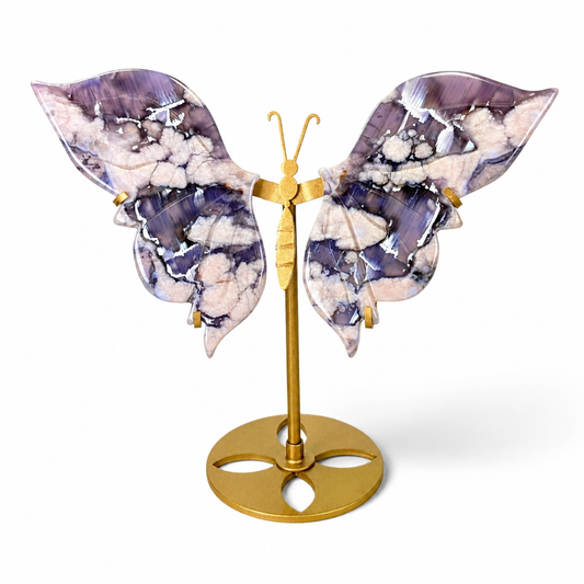 Indigo blue flower agate butterfly specimen on a gold-finished stand