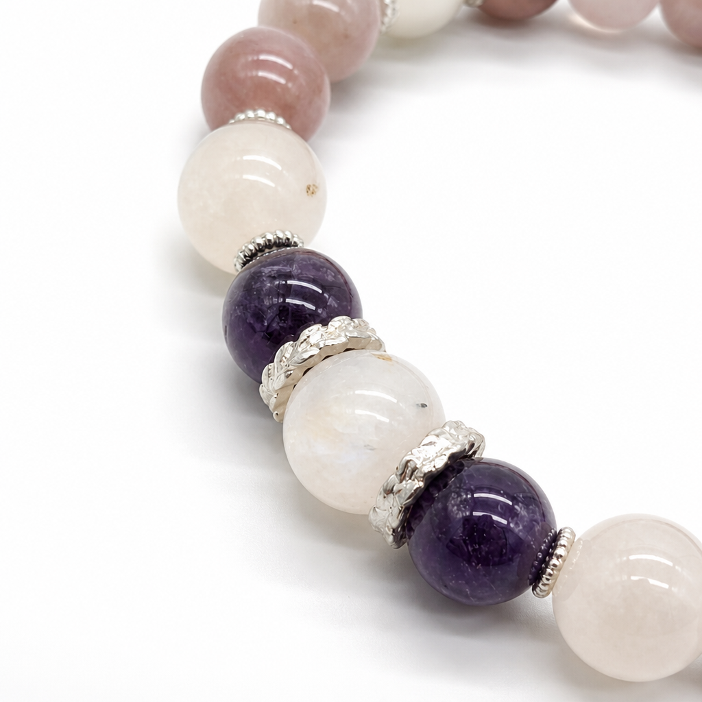 Side view of the Amethyst Rose Serenity bracelet showing mixed 6-8mm bead sizing