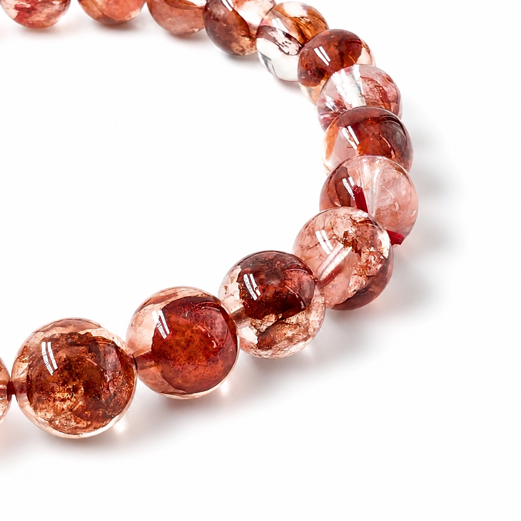 Fire quartz hematoid bracelet on a white background