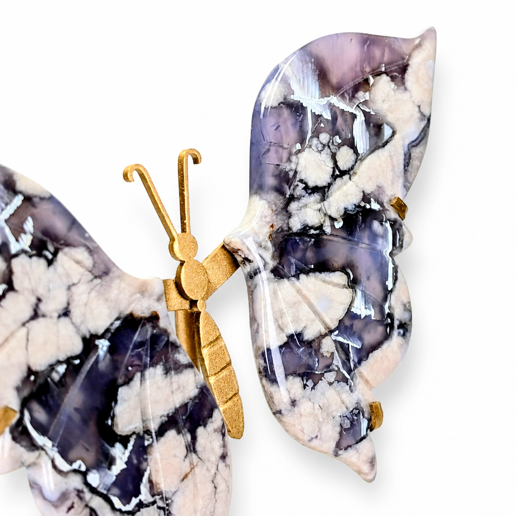 Full front view of the indigo blue flower agate butterfly decor piece