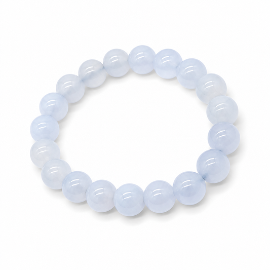Blue Chalcedony bracelet Style A with cool silvery-blue 10mm beads and waxy lustre on white