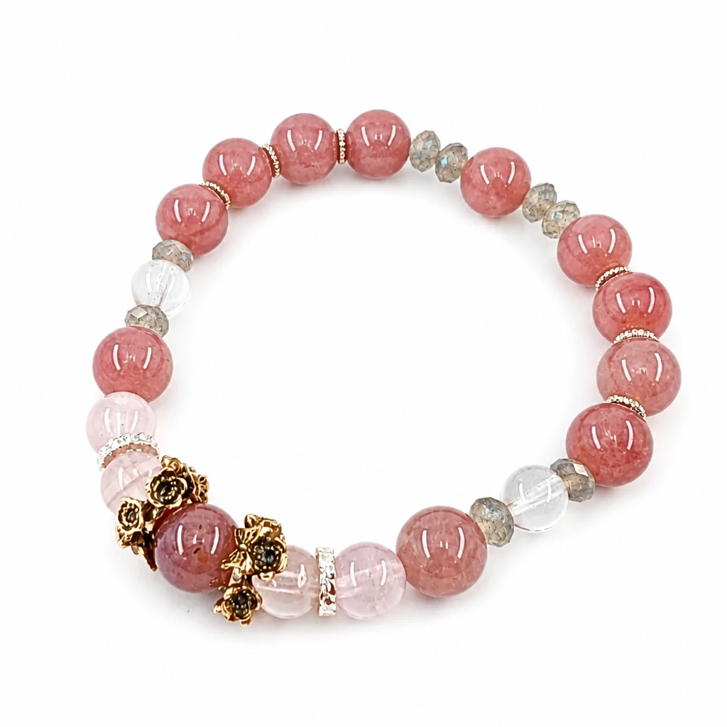 Close-up of lavender rose quartz, blush rose quartz, labradorite and clear quartz beads