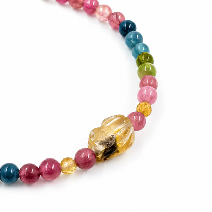 Natural multi-colour tourmaline beads and gold Pixiu charm handmade bracelet