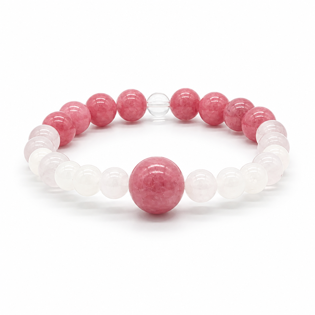 Madagascar moonstone beads showing soft blue-white adularescence alongside rhodonite