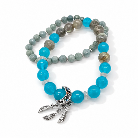 Moonlit Oasis bracelet with turquoise-green Amazonite nephrite jade and silver dreamcatcher charm