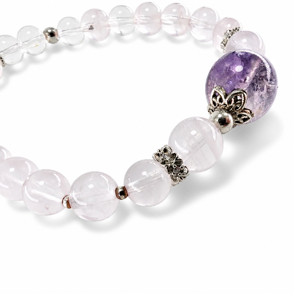 Full bracelet circle of Celestial Heart Bloom showing Super 7 Rose Quartz and Clear Quartz
