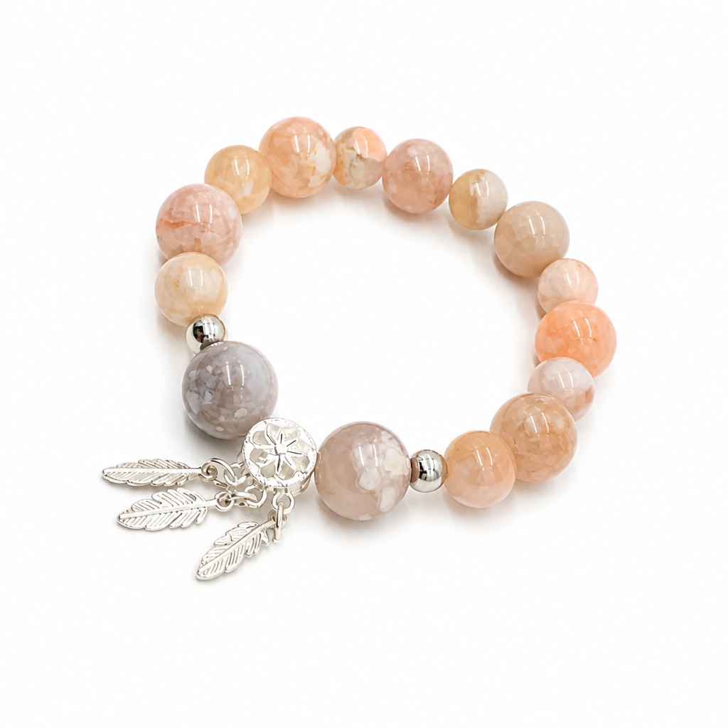 12mm cherry blossom agate beads showing pink floret inclusions