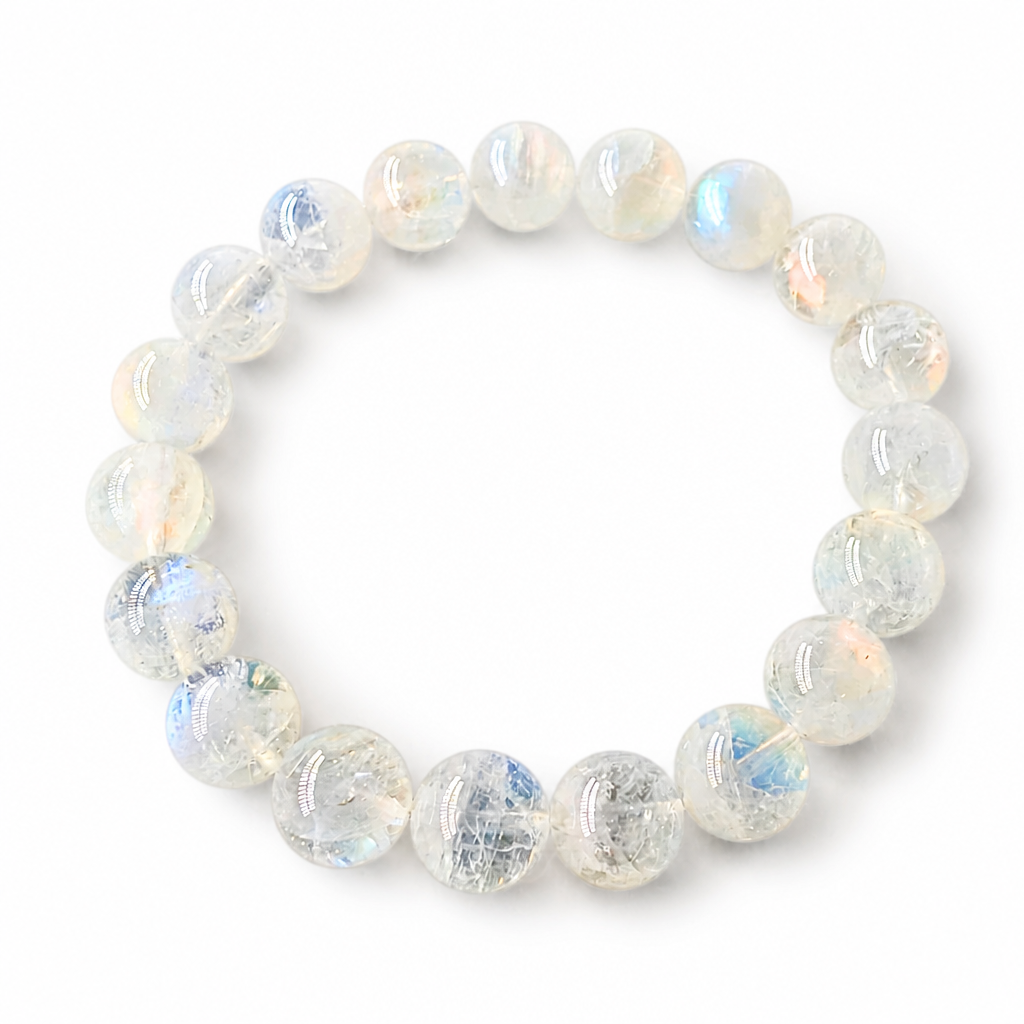 Handmade Madagascar pink-flash Moonstone pure crystal bracelet by Aura Lune on white