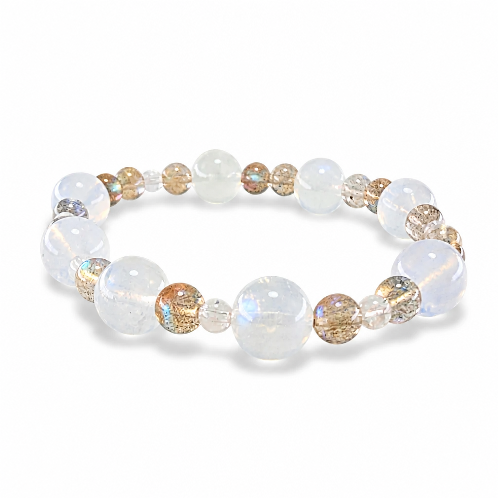 Moon Tide Moonstone bracelet worn on the wrist showing adularescence in natural light