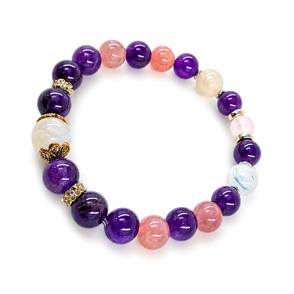 Deep-violet Amethyst and blush Rose Quartz beads, close-up