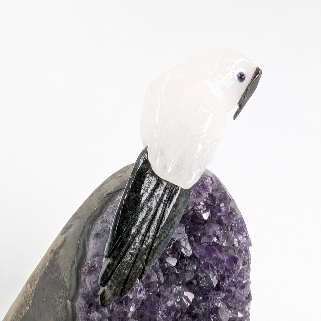Natural amethyst parrot specimen showing scale for desk or shelf display