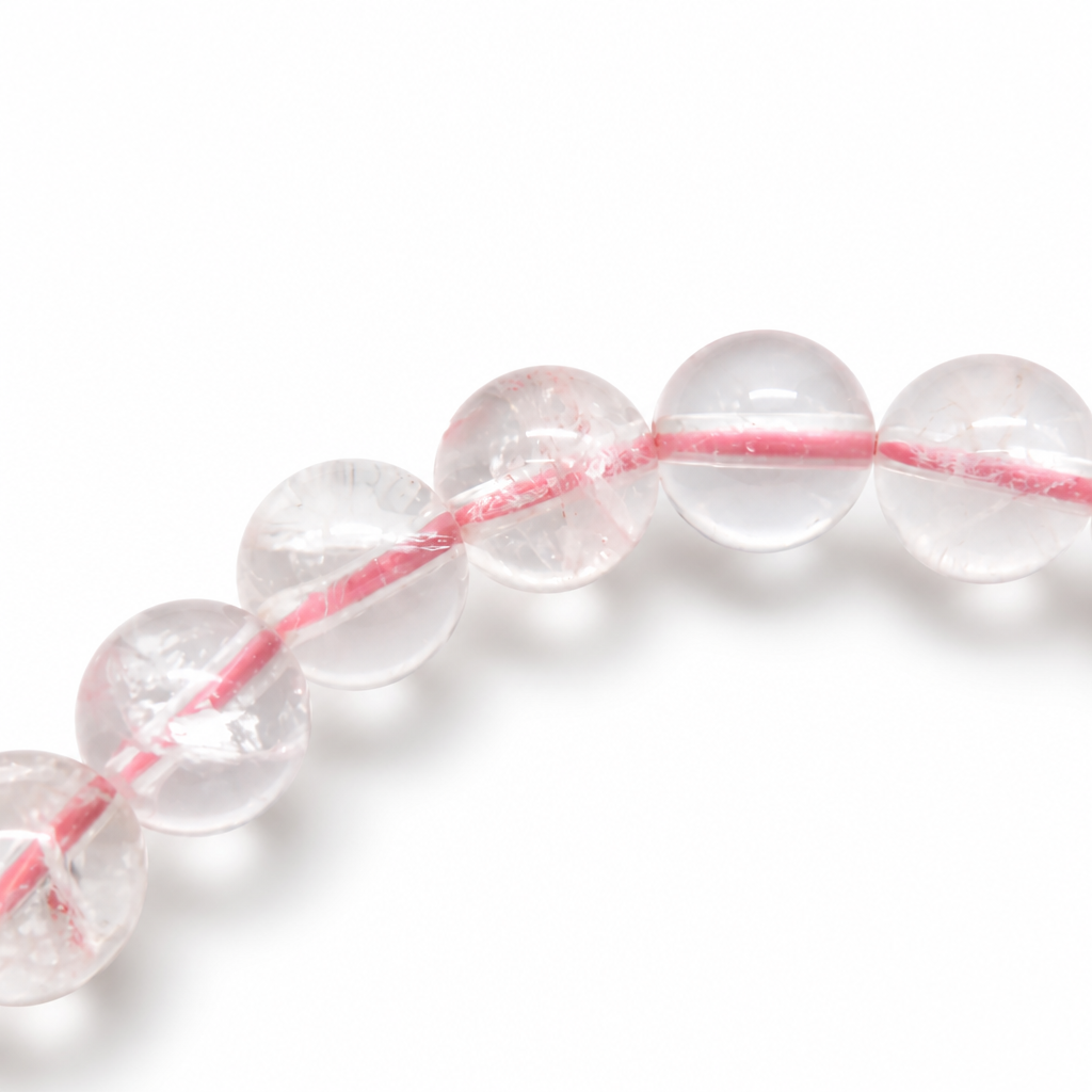 Madagascar Ice Rose Quartz bracelet resting flat showing even near-transparent bead selection