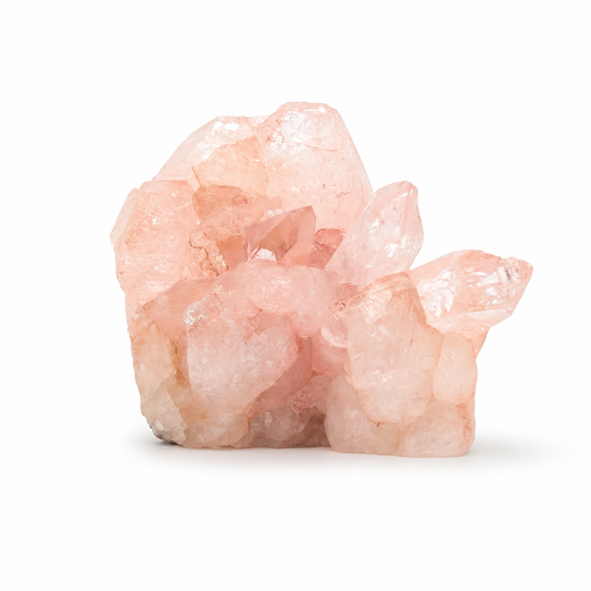 Large Pink Samadhi Quartz cluster with tall and wide formation on a white surface