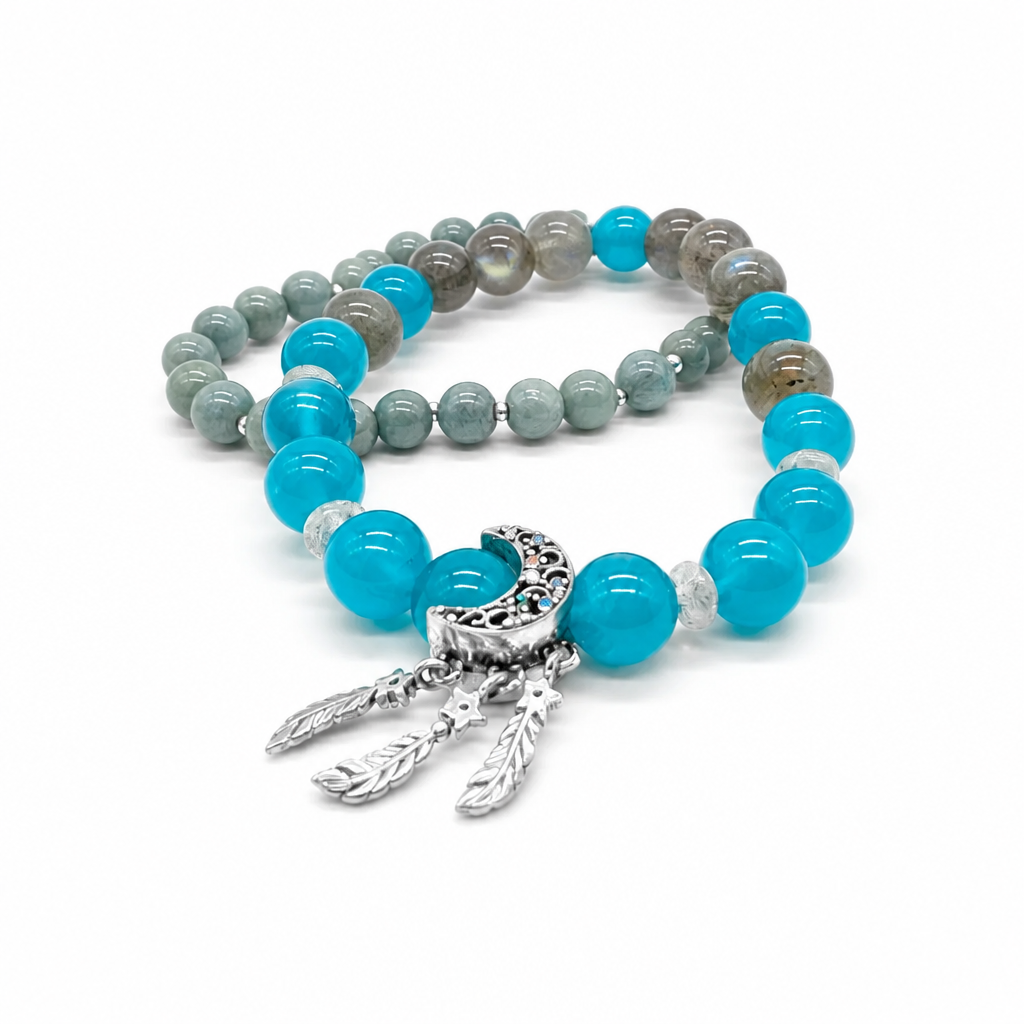 Silver dreamcatcher charm centred on the Moonlit Oasis Amazonite and jade bracelet